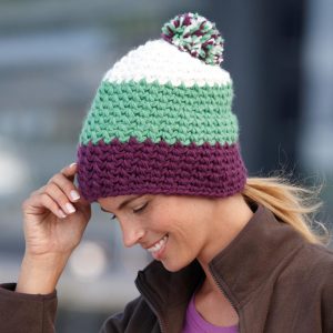 3-colored Crocheted Beanie with Pompon